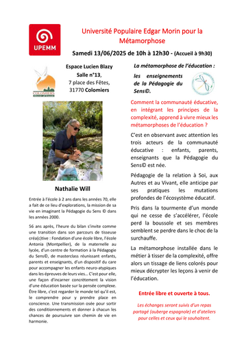 /!\ à Colomiers /!\ Conférence de Nathalie Will : La métamorphose de l’éducation