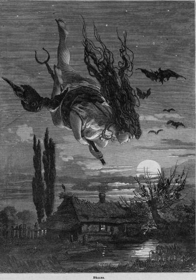 Gravure d'une sorcière sur un balai dans le ciel nocturne