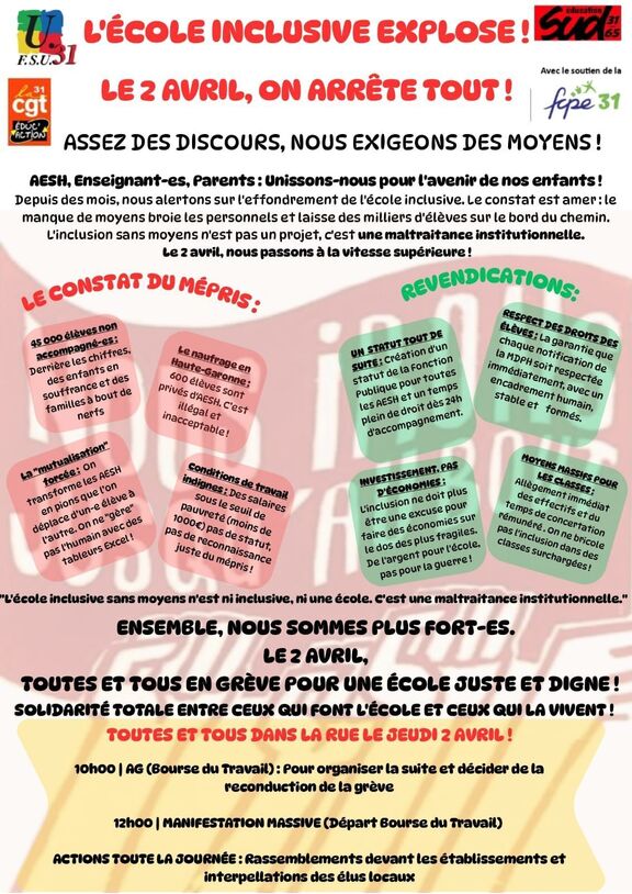 L'ÉCOLE INCLUSIVE EXPLOSE ! LE 2 AVRIL, ON ARRÊTE TOUT !
